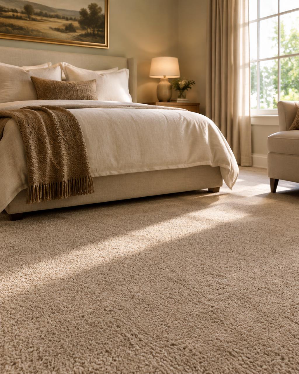 Sophisticated bedroom with plush neutral carpet in warm light
