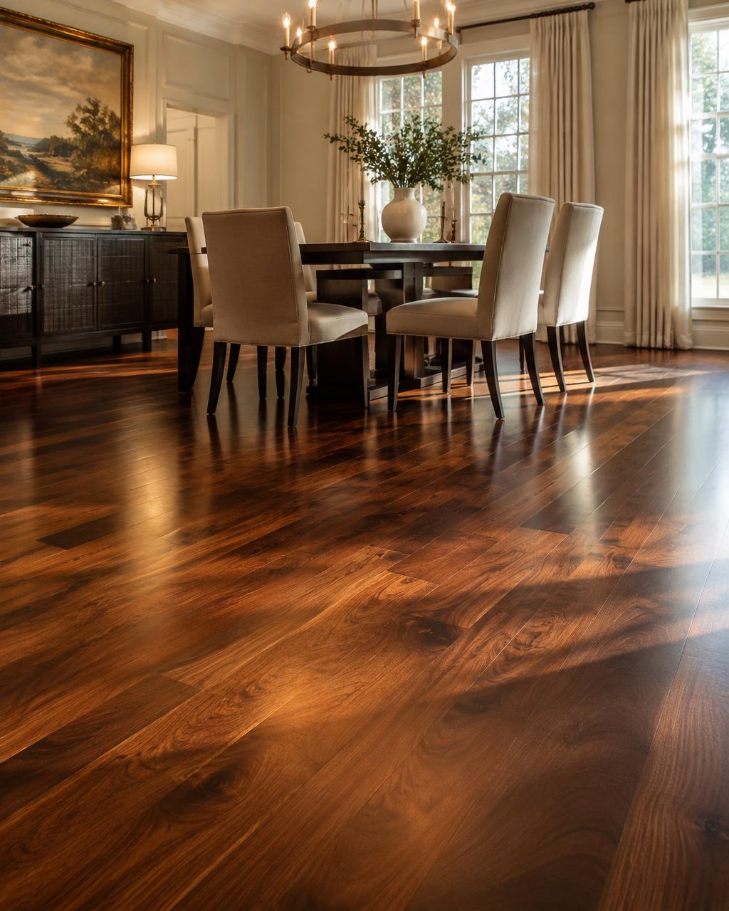 Elegant dining room with rich walnut hardwood flooring
