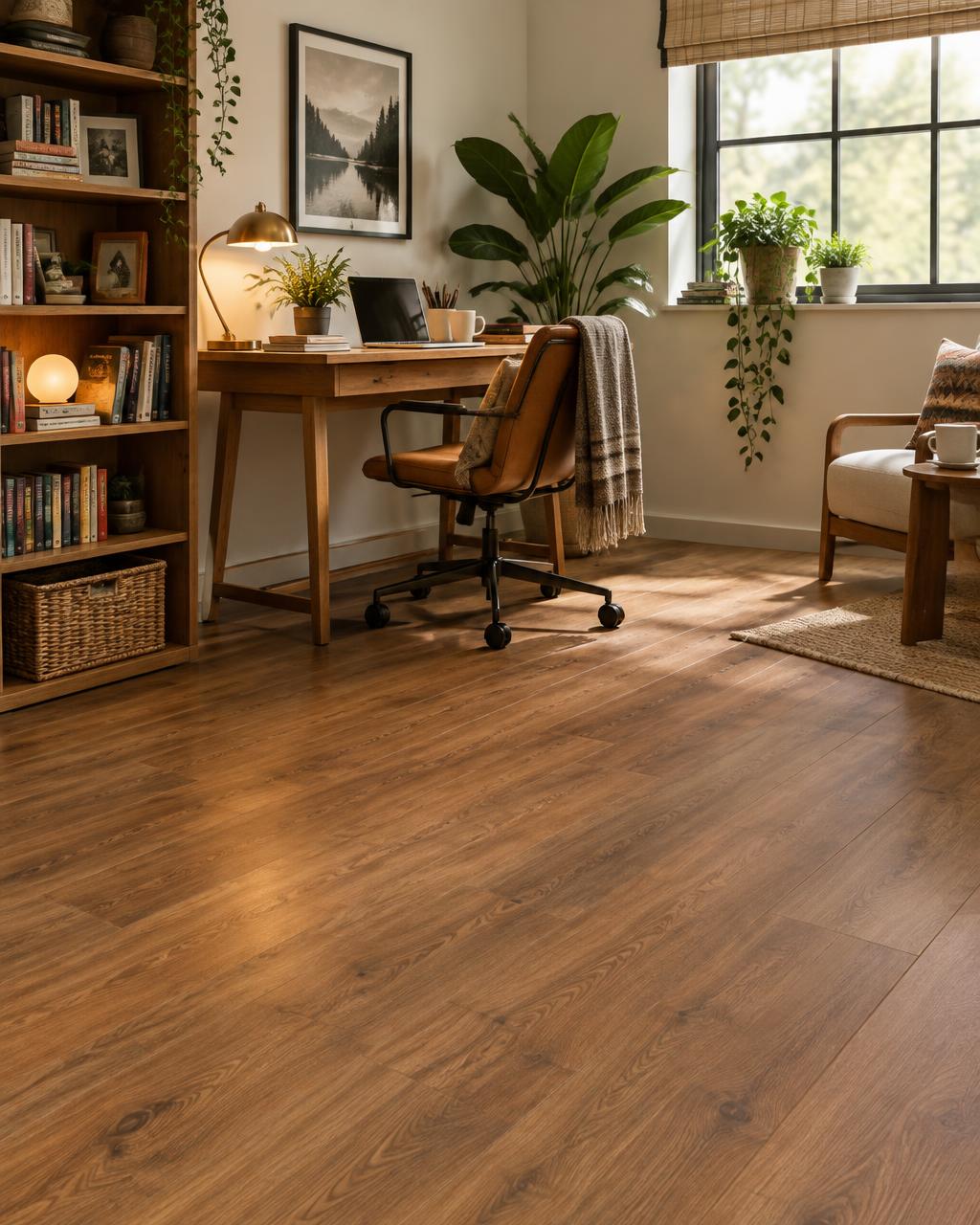 Cozy home office with warm laminate wood-look flooring