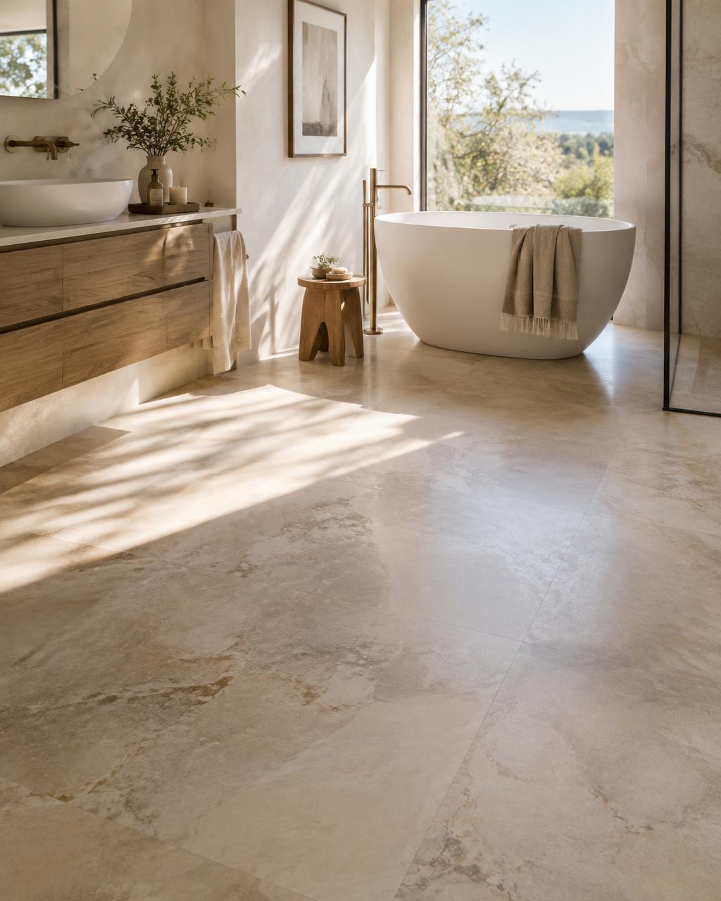 Refined bathroom with elegant large-format tile flooring