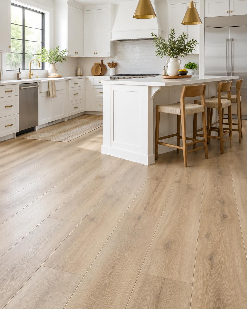 Bright modern kitchen with light oak luxury vinyl plank flooring