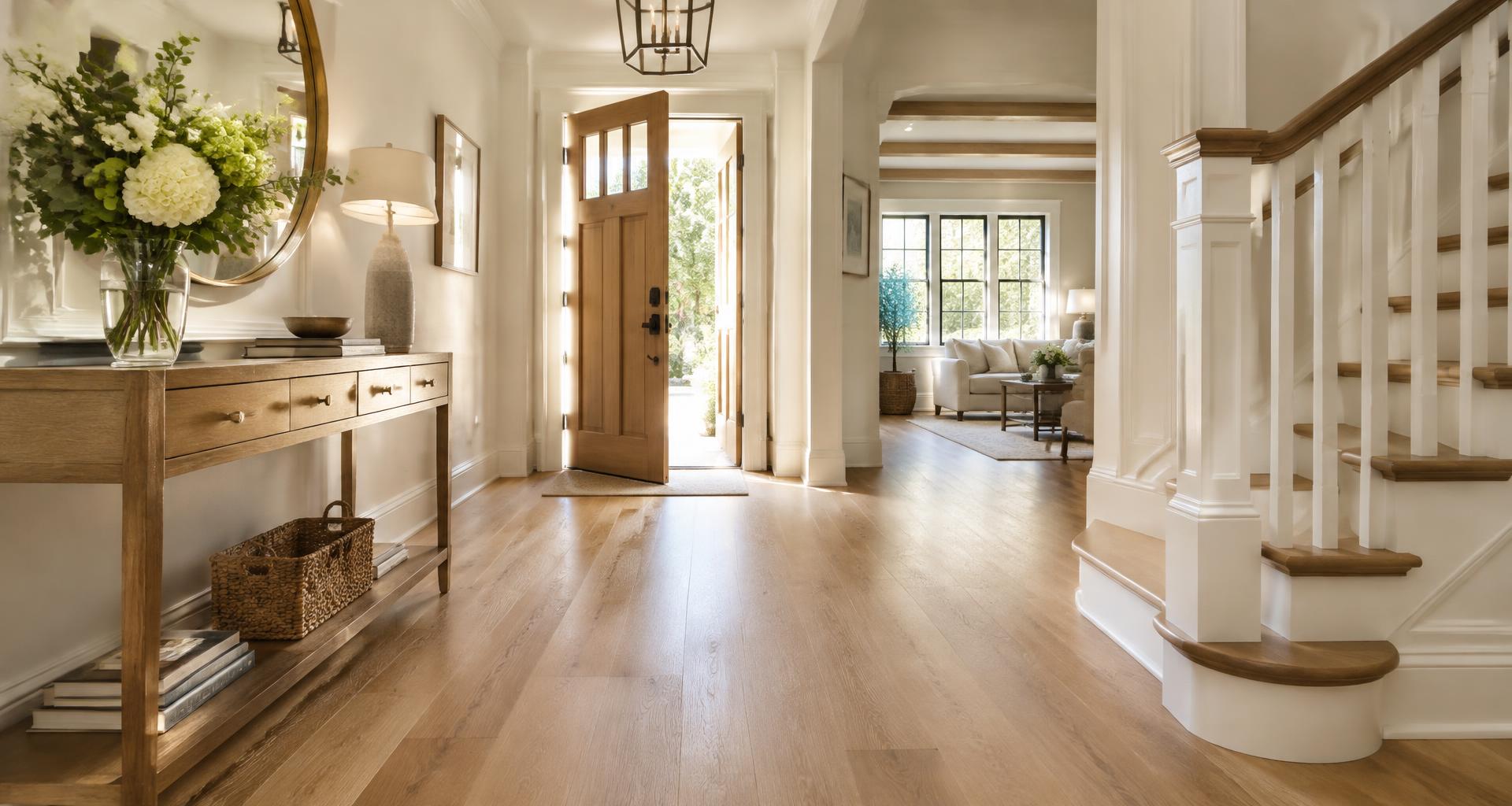 Bright welcoming entryway with light oak hardwood floors
