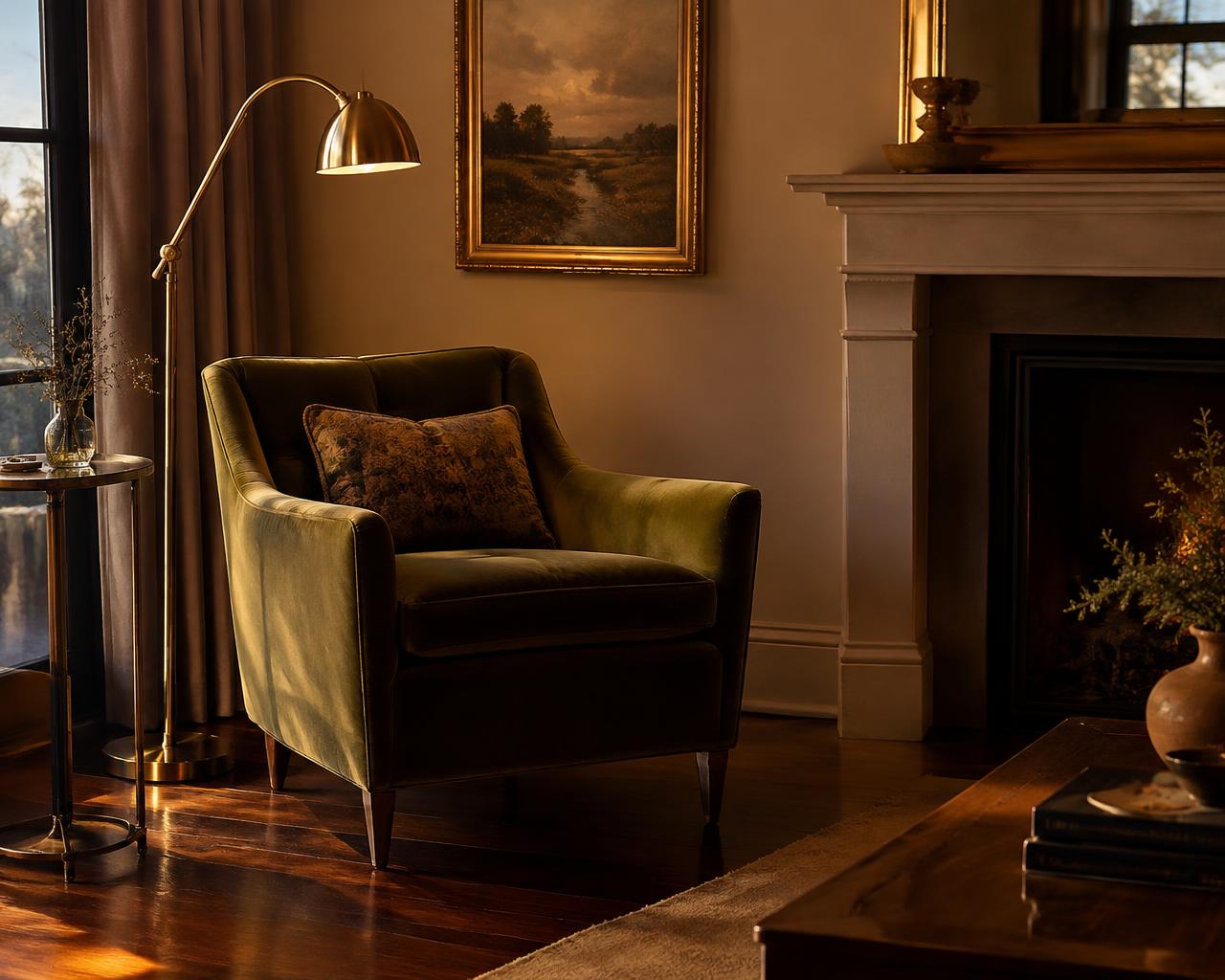 Warm sitting room with rich walnut hardwood floors and brass lighting
