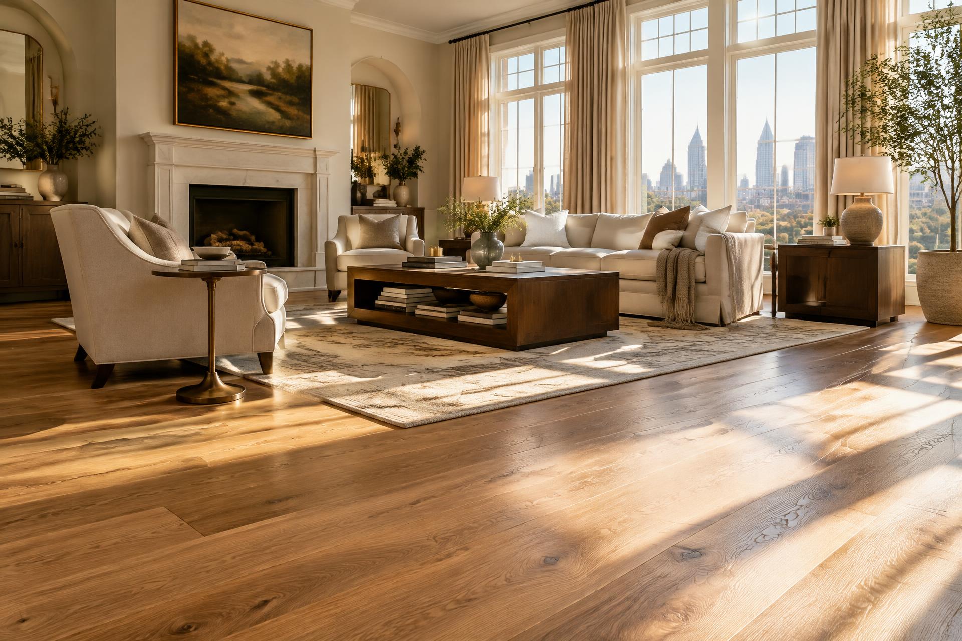 Sunlit living room with beautiful natural oak hardwood flooring